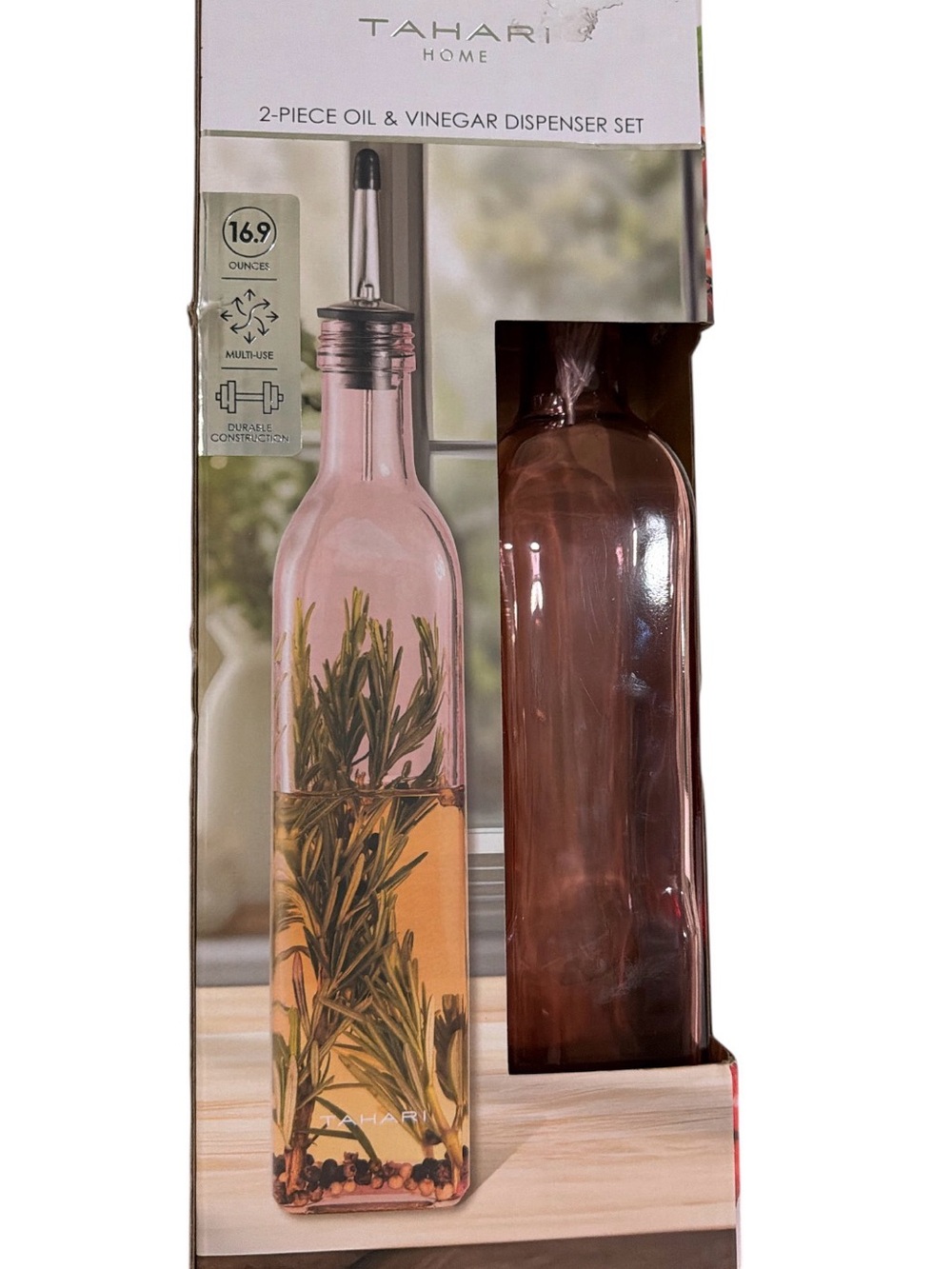 Tahari Pink Glass 2-Piece Oil & Vinegar Dispenser Set